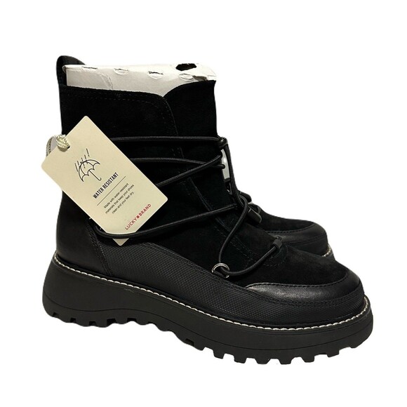NEW Lucky Brand Womens Size 6.5 Caelia Pull On Black Suede Lug Sole Winter Boots - Picture 2 of 9